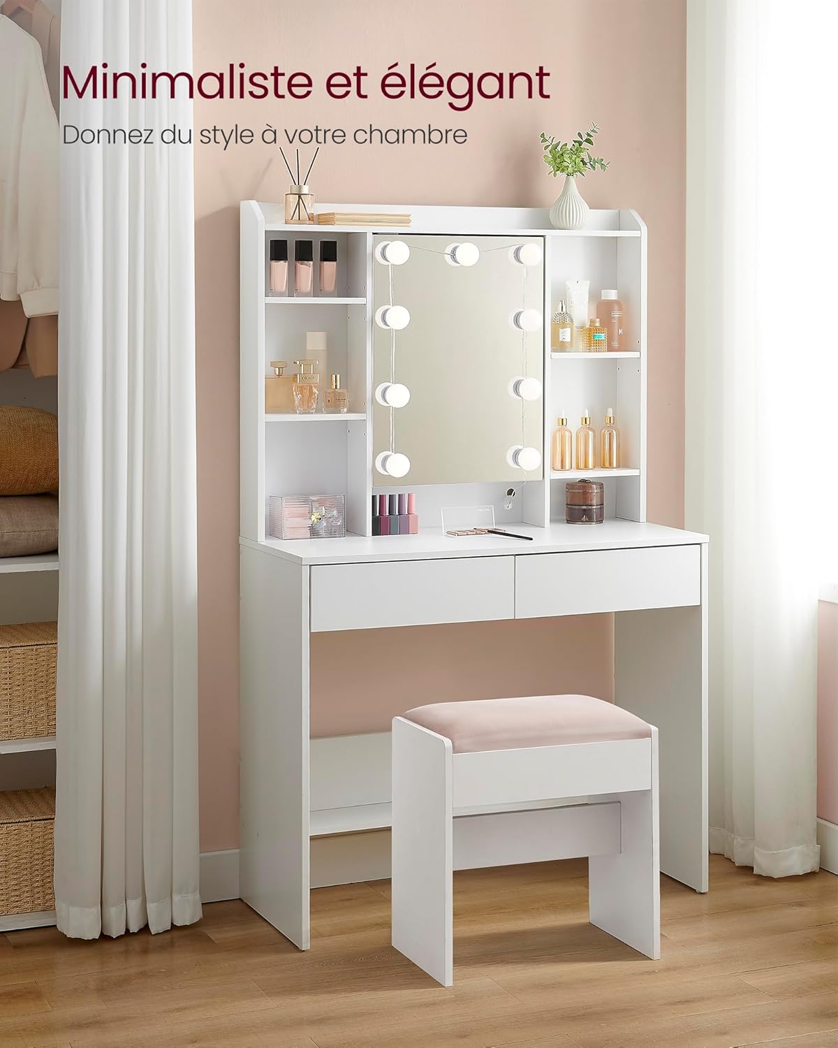 VASAGLE - coiffeuse moderne, miroir LED, 2 tiroirs, blanc, RDT126W01