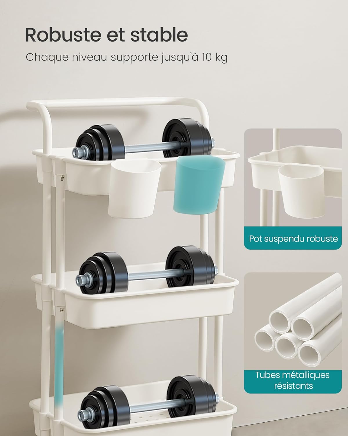 SONGMICS - chariot de rangement 3 niveaux - blanc - 2 pots, 2 freins, poignée, paniers plastiques - BSC067W01