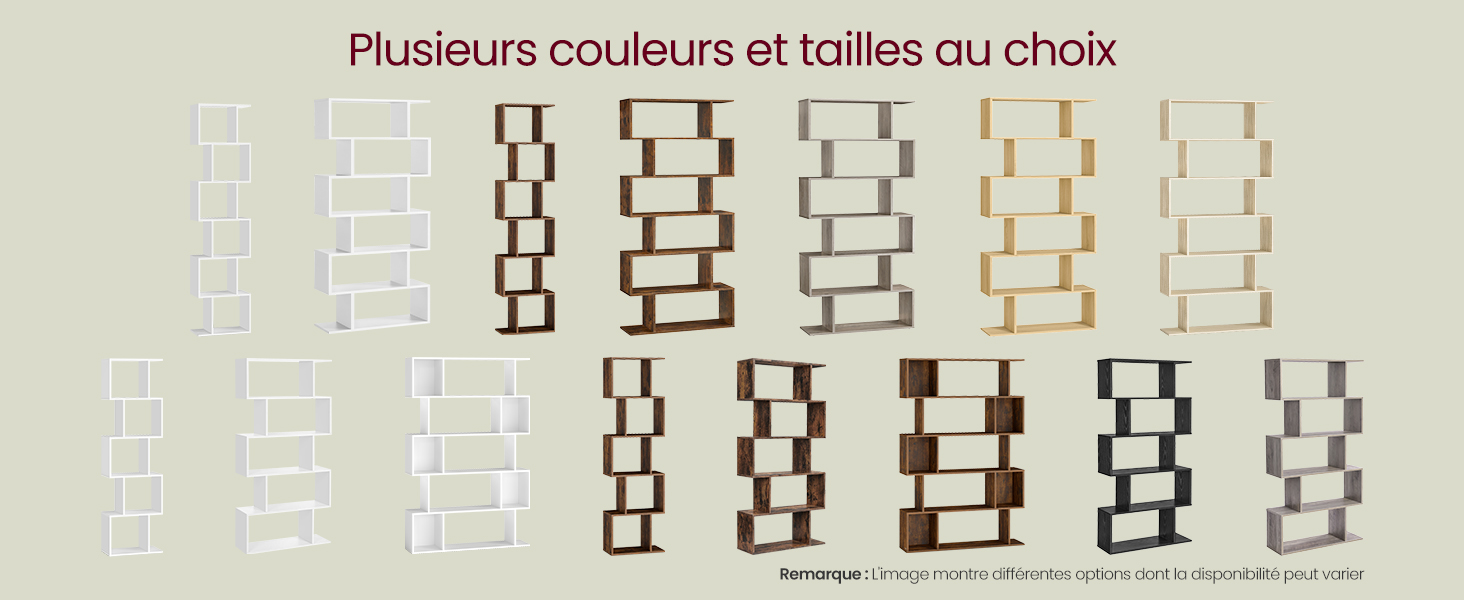 Gamme d'étagères géométriques modernes de différentes tailles et couleurs, y compris le blanc, le marron et le gris. Le texte se lit comme suit : « Plusieurs couleurs et tailles au choix ».