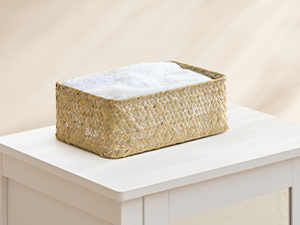 Porte-boîte à mouchoirs beige tissé de forme rectangulaire, placé sur une surface blanche, montrant une construction en fibre naturelle texturée.