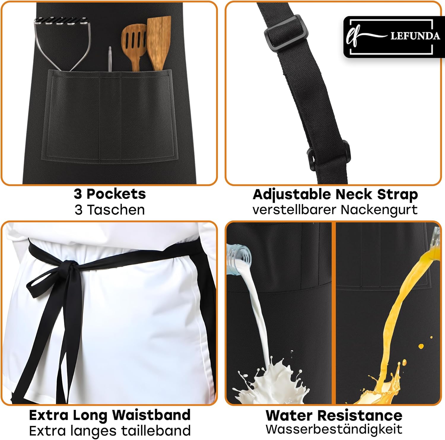 LEFUNDA - Tablier cuisine réglable, 3 poches, étanche, longues lanières