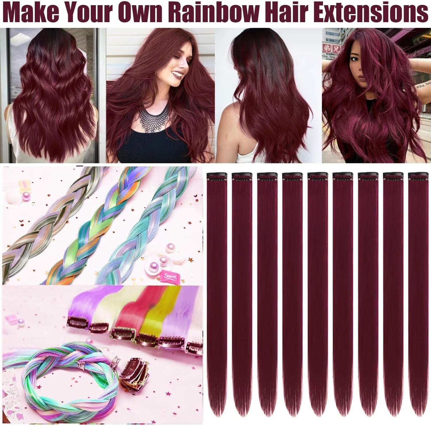 Extensions cheveux - 12 pièces 55cm, rouge bordeaux, à clipser, naturelles