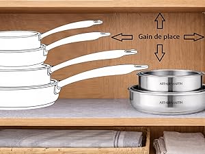 Schéma d'instructions montrant la disposition appropriée du rangement des articles à plusieurs niveaux sur les étagères, avec des flèches directionnelles indiquant le placement et l'espacement.