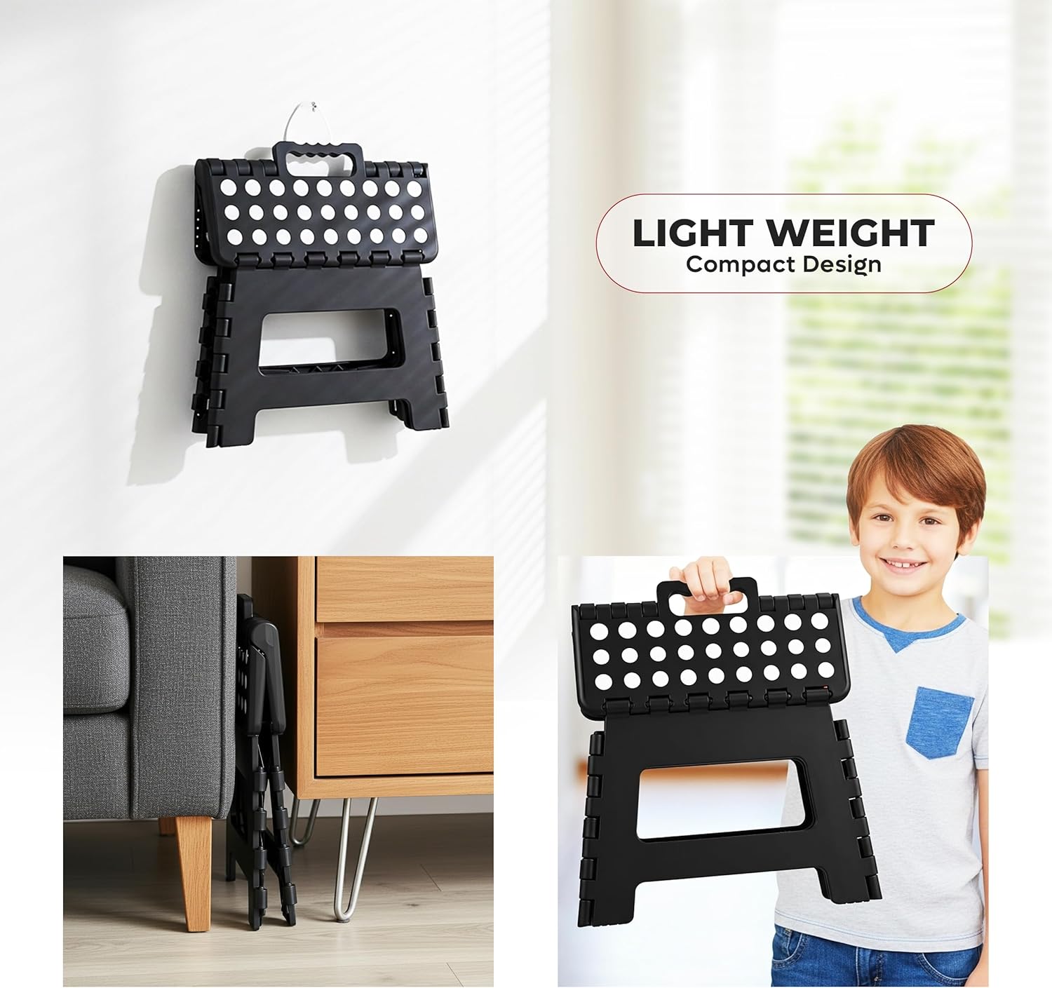 Utopia Home - Tabouret pliant 23 cm - antidérapant, portable, charge 272 kg, noir