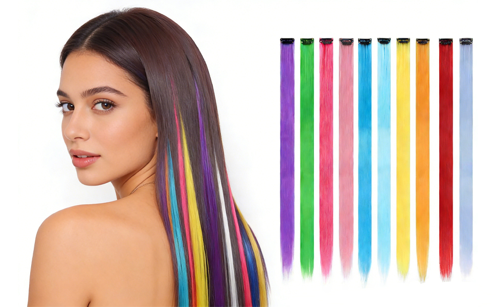 Des extensions de cheveux colorées présentées dans un arrangement arc-en-ciel, montrant plusieurs mèches de cheveux synthétiques brillantes en rose, violet, bleu, jaune et autres couleurs vives.