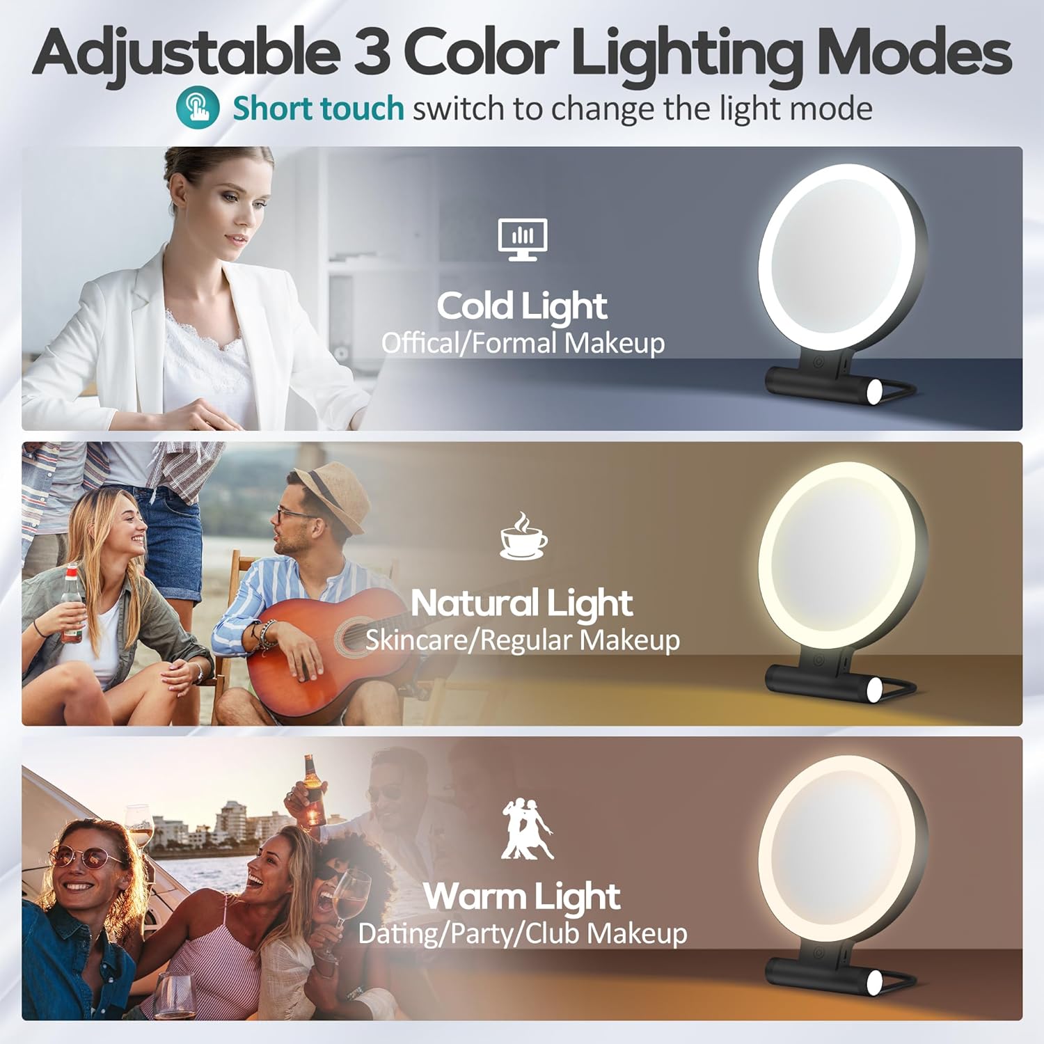 B Beauty Planet - miroir grossissant double face, 1x/30x, 2000mAh, LED, 3 couleurs, pince à épiler, compact