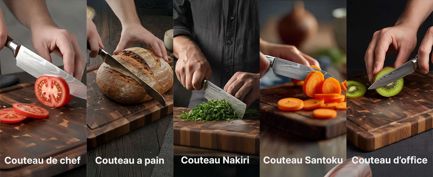 Séquence montrant des mains coupant divers légumes sur des planches à découper en bois, montrant des techniques de préparation de la cuisine.