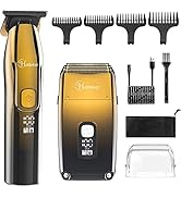 Ensemble de tondeuses à cheveux professionnelles en finition dorée/noire avec écran LED, comprenant plusieurs peignes, un câble de chargement, une brosse de nettoyage et un étui de rangement.