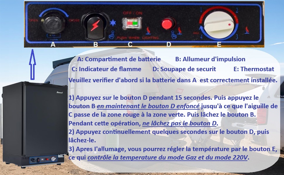 Panneau de commande électronique avec écran d'affichage, comportant des boutons et des indicateurs pour les réglages de température et de puissance, avec superposition de texte d'instructions en français