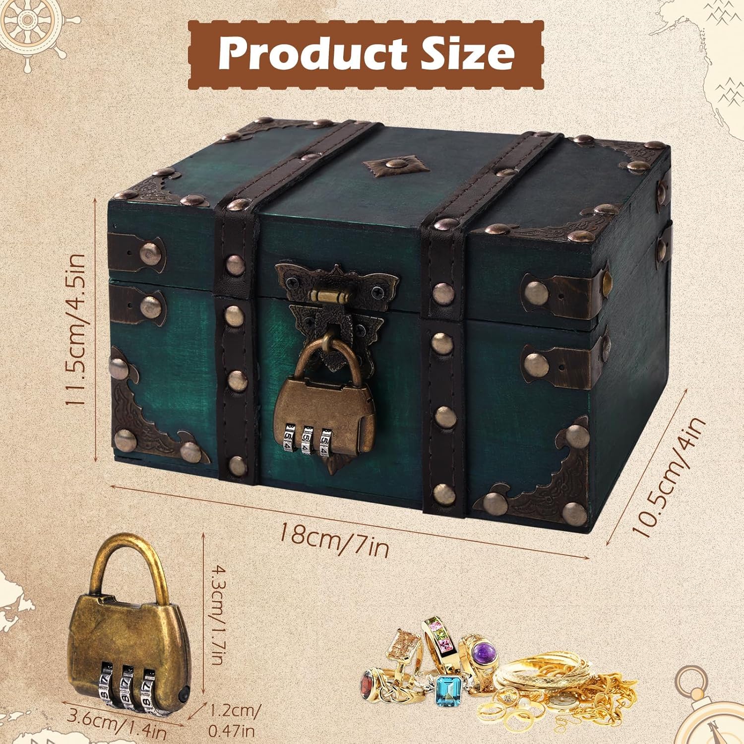 Coffre à trésor en bois vert - cadenas pirate, tiroir à bijoux, tirelire enfant, décoration - avec couvercle