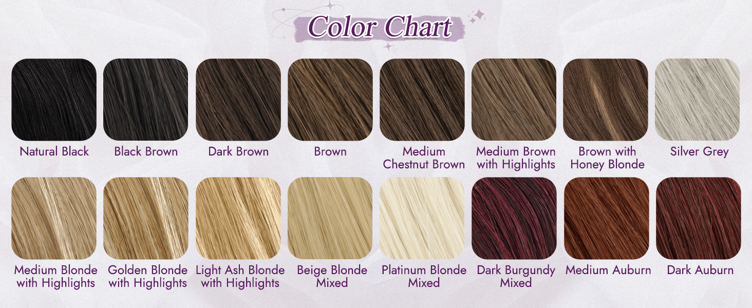 Nuancier de cheveux montrant 16 nuances différentes allant du noir naturel à l'auburn foncé, en passant par des variations de blond, de brun et de bordeaux avec des reflets