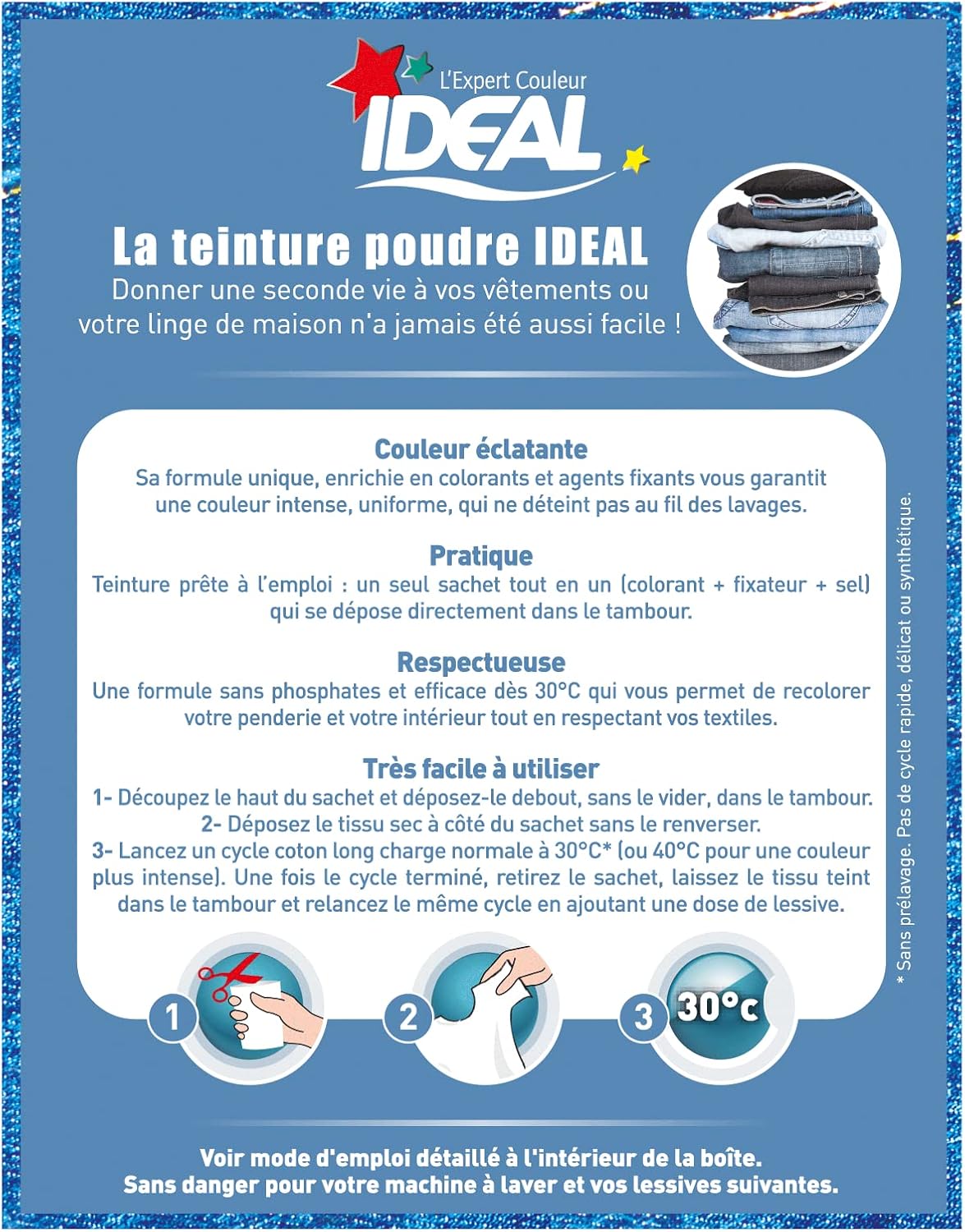 Ideal - Teinture textile tout-en-un - 350g - spécial jean bleu