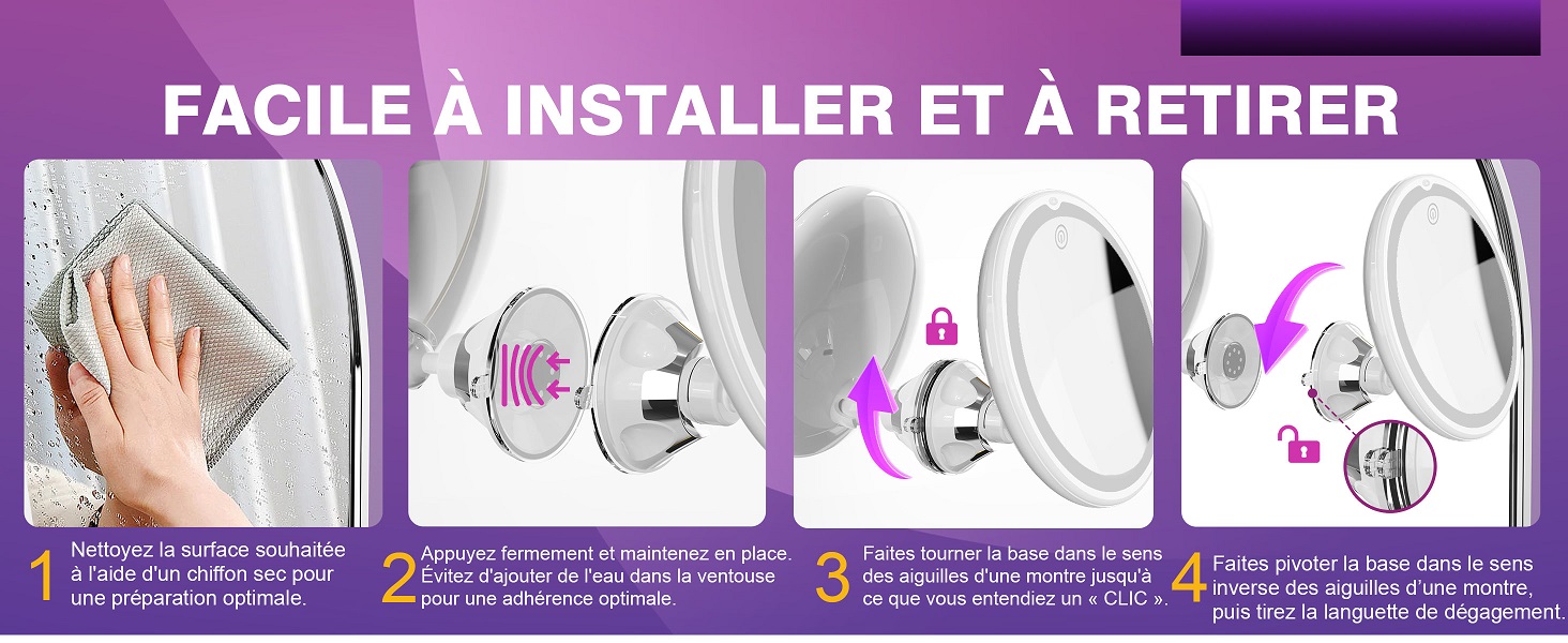 Guide d'installation en quatre étapes pour un accessoire de douche amovible. Montre la surface à nettoyer, la fixation de la ventouse, le mécanisme de verrouillage et la suspension d'un objet au crochet installé.