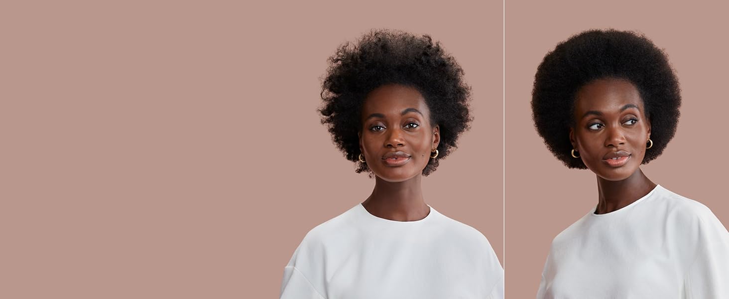 Avant et après : un mannequin aux cheveux bruns foncés frisés avec un brushing ultra-lisse.