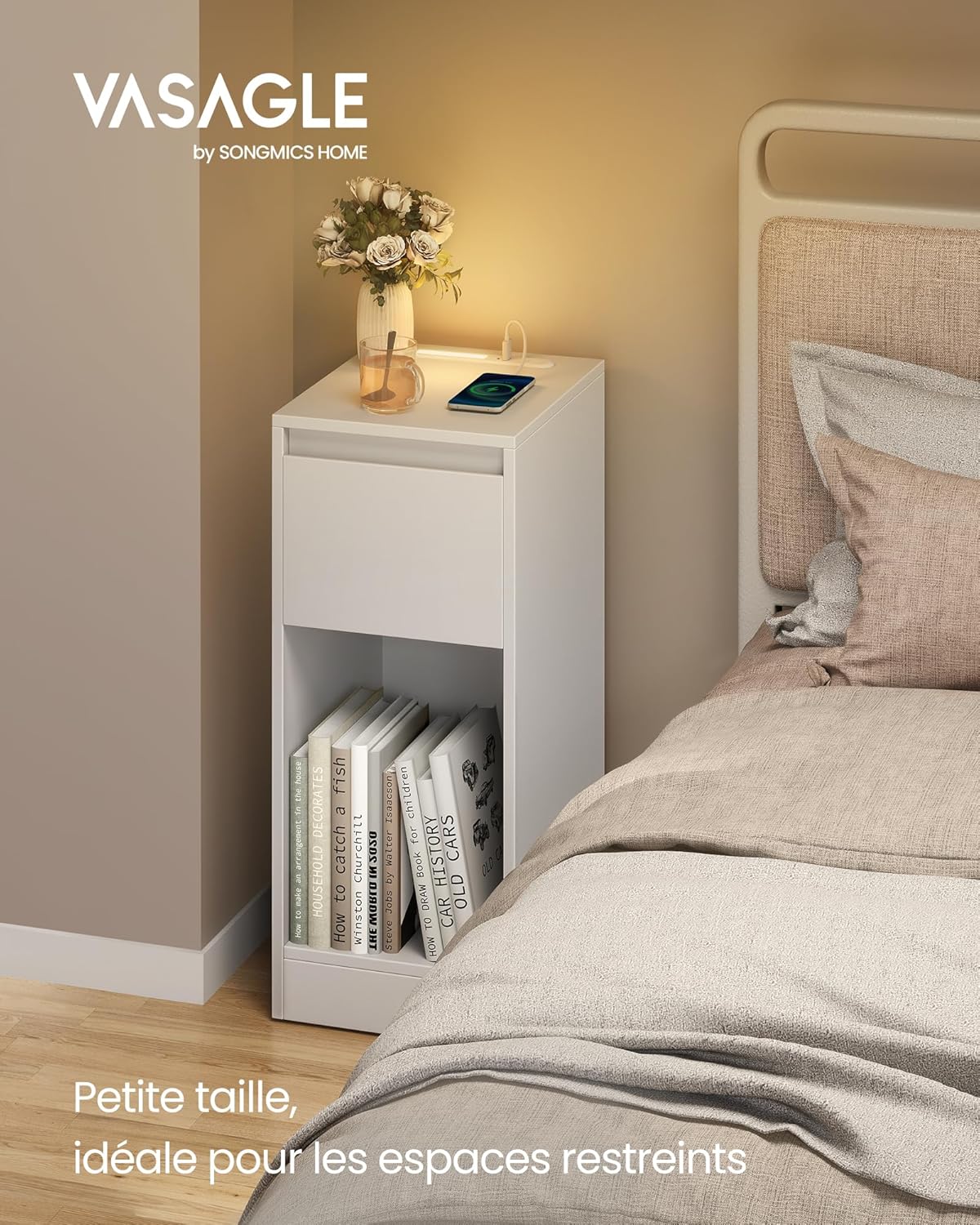 VASAGLE - Table de chevet étroite, LED, USB-A/C, tiroir, blanc, LET610W01