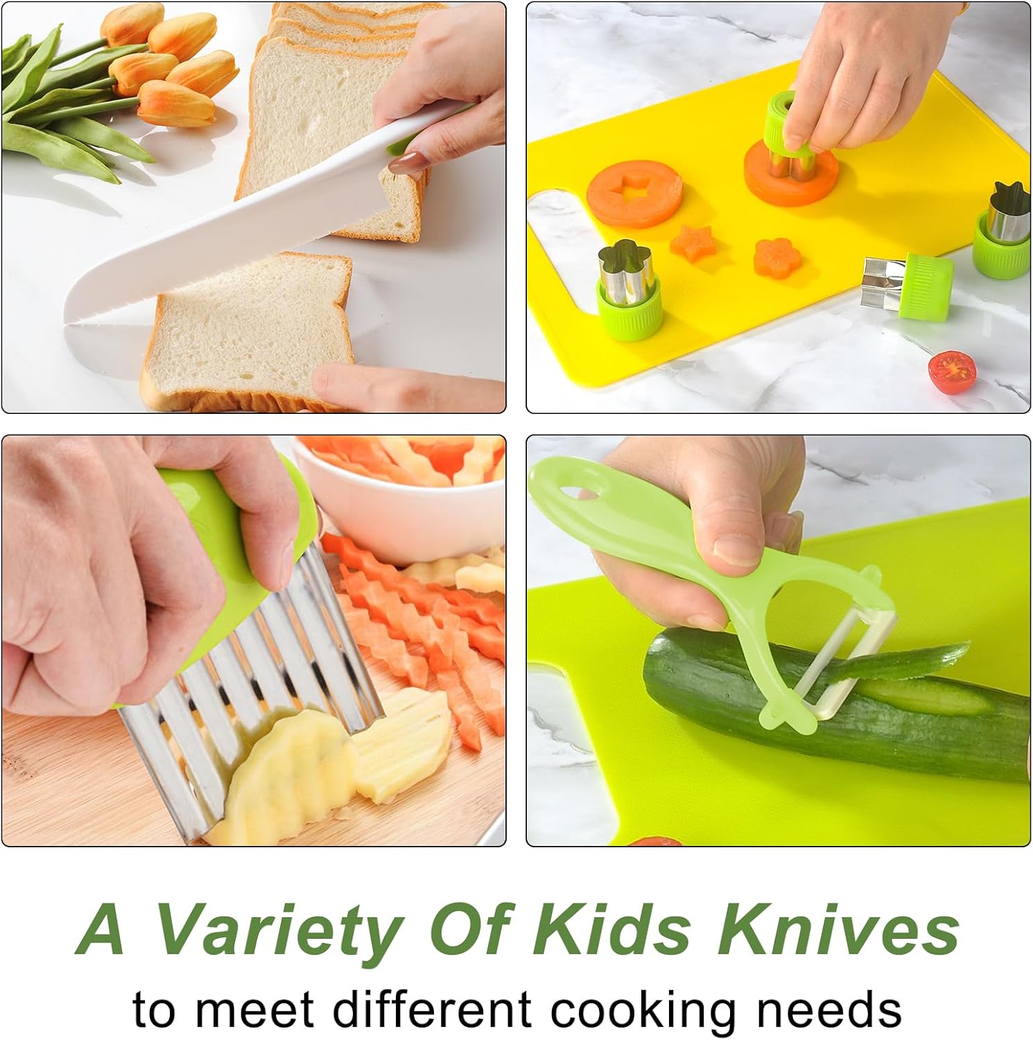 Couteaux de cuisine enfants - set plastique, planche, éplucheur - sécurisés, adaptés fruits/légumes