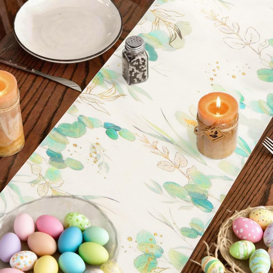 Chemin de table - imprimé feuilles vertes - 33x180 cm - lavable, déco cuisine et salon