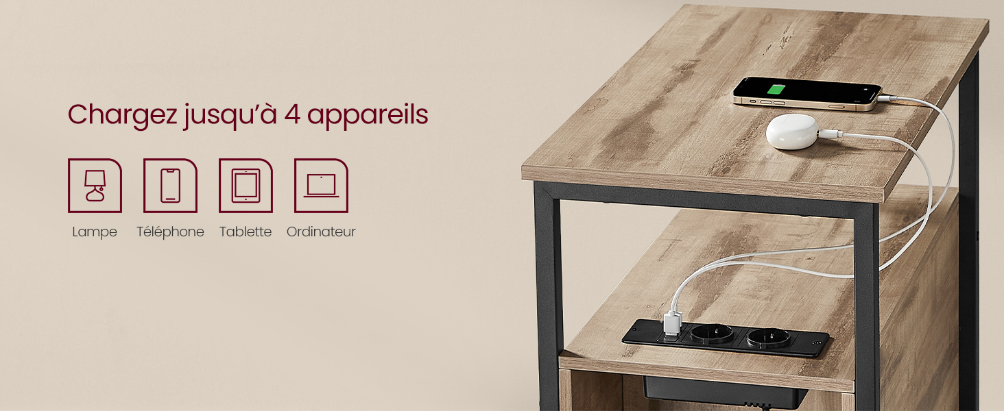 Borne de recharge en bois avec cadre en métal noir affichant des icônes permettant de recharger jusqu'à 4 appareils, avec finition en grain de bois naturel.