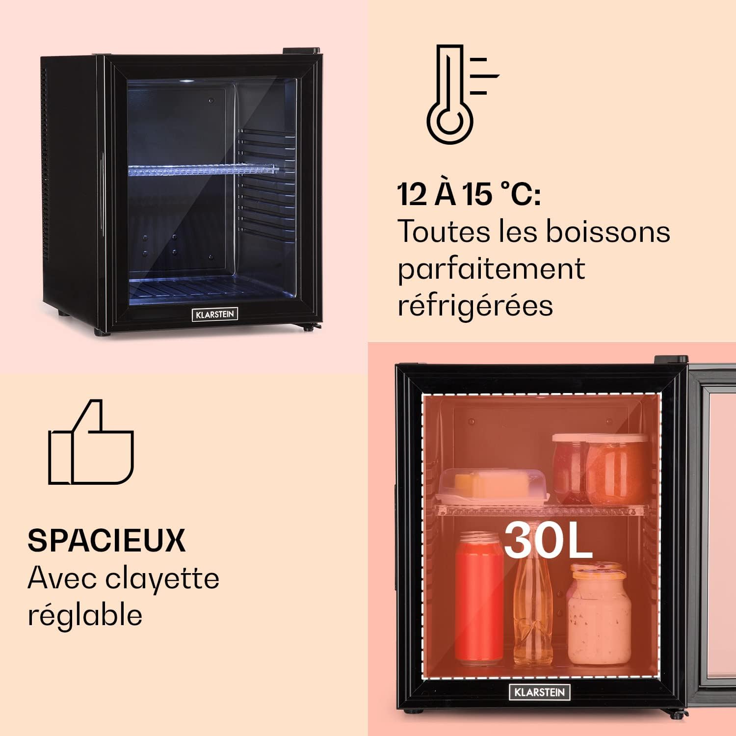 Klarstein - Mini Frigo 32L - silencieux, étagères réglables, 12-18°C