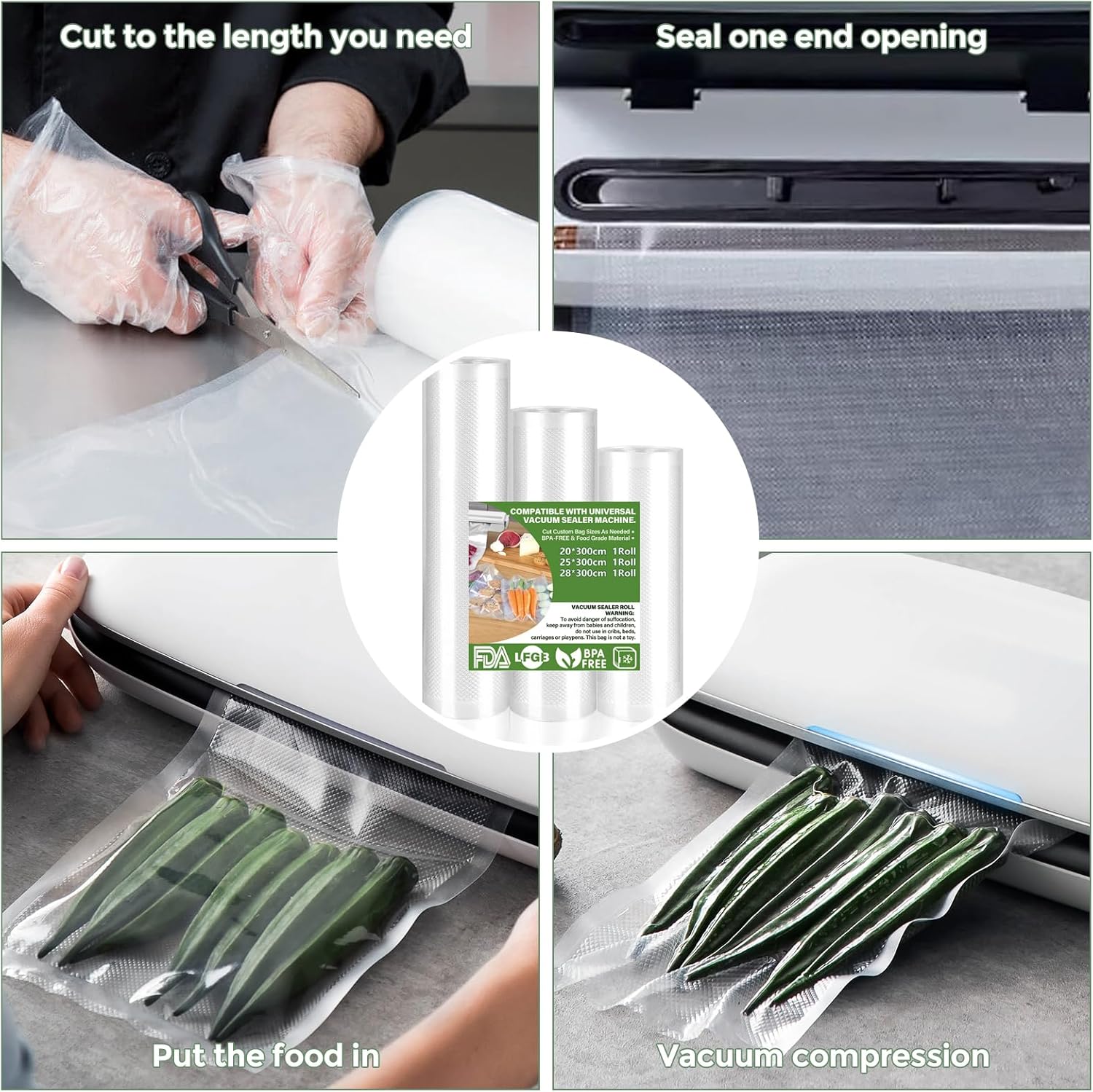 Rouleau sous vide alimentaire - 28x300cm - lot de 6, compatible toutes machines, sans BPA