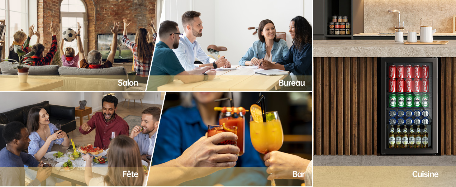 Collage de scènes de rassemblement social à l'intérieur, montrant des personnes assises à une table à manger et dans un refroidisseur de boissons ou un réfrigérateur avec des bouteilles visibles.