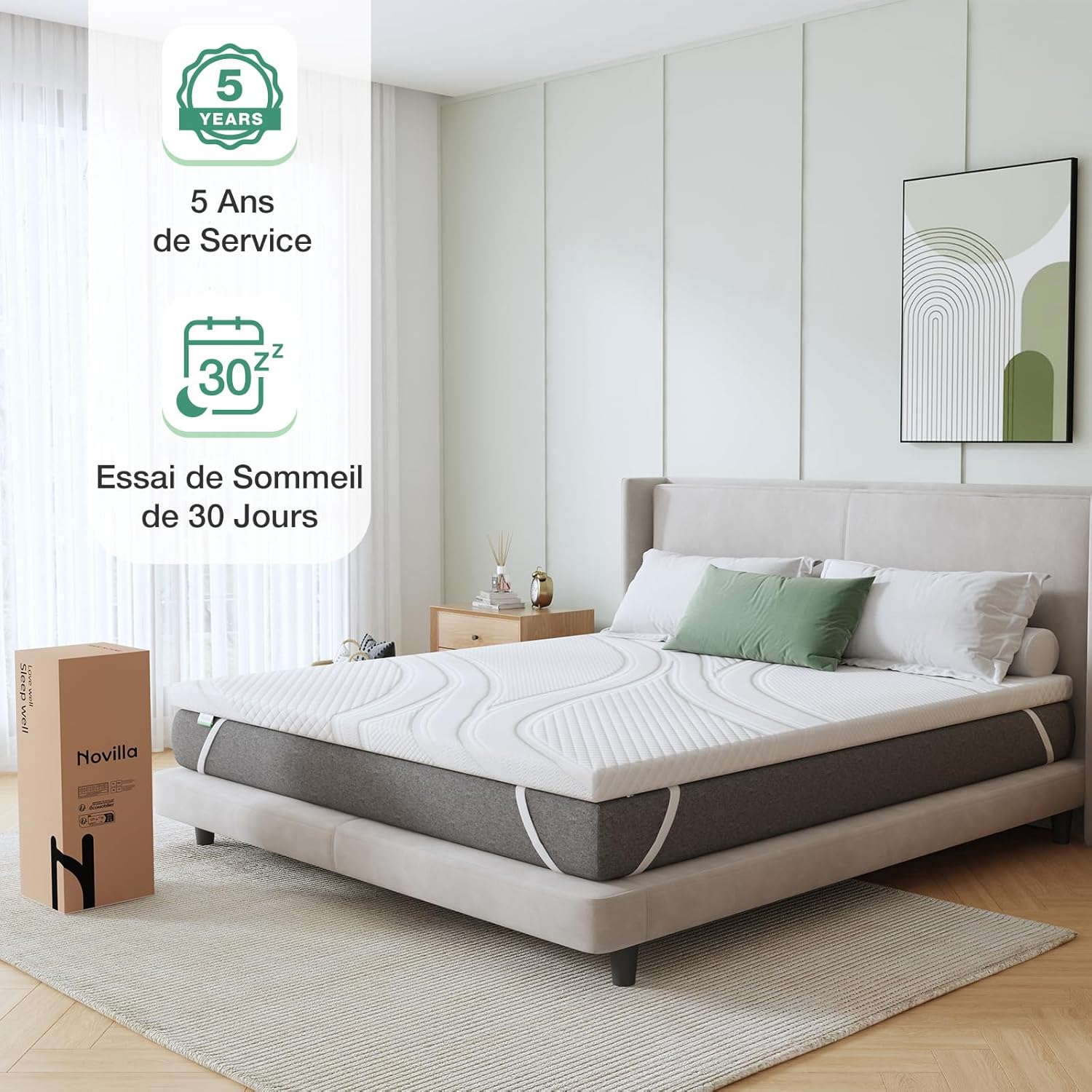 Novilla - surmatelas gel mémoire de forme - 80x200 cm - 7,5 cm épaisseur, déhoussable, antidérapant