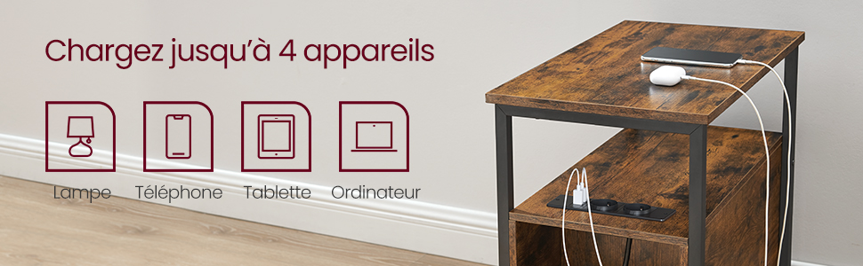 avec structure en métal et ports de charge intégrés. Le texte et les icônes indiquent qu'il peut charger jusqu'à 4 appareils, y compris un téléphone, une tablette et un ordinateur portable.
