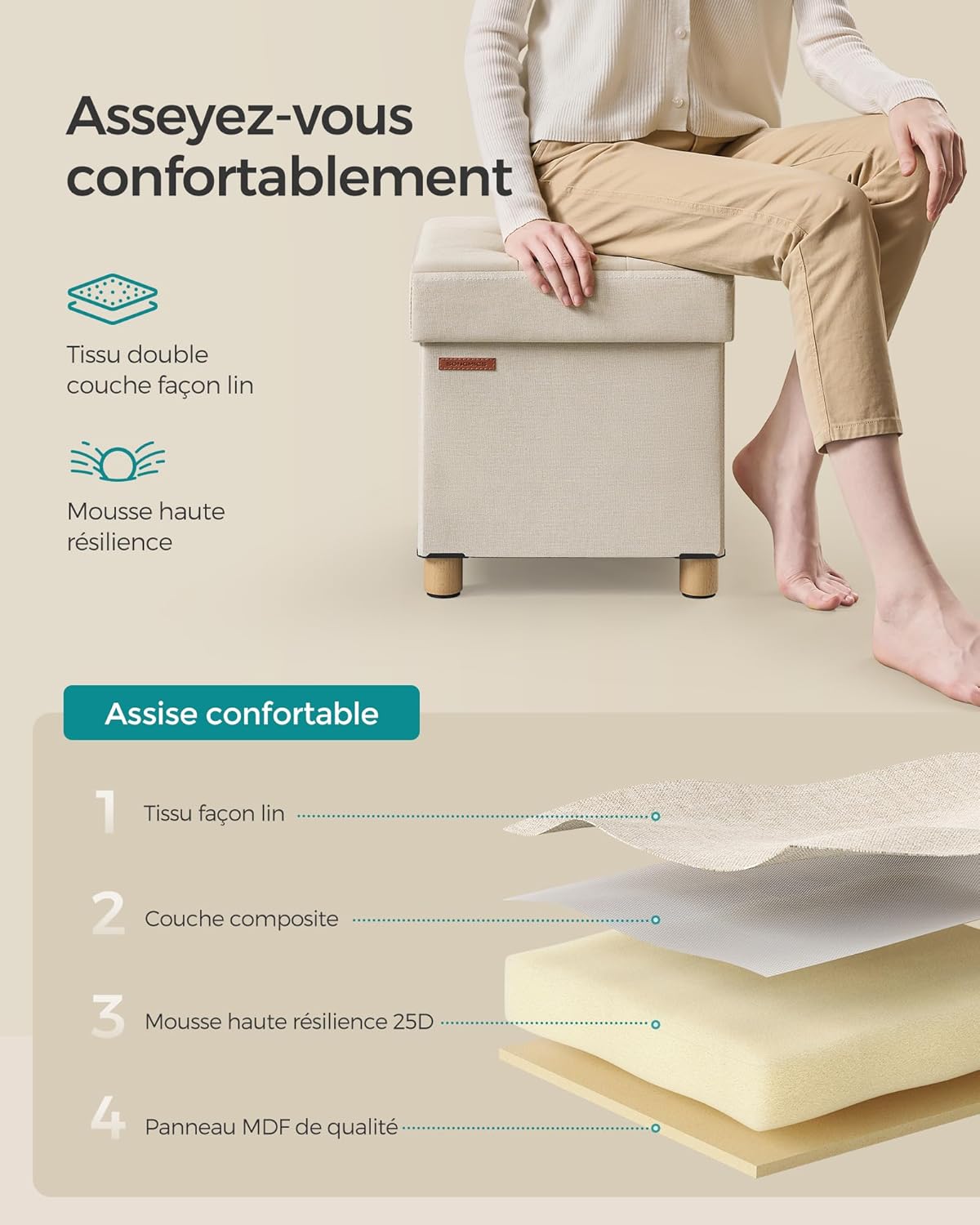 SONGMICS - Tabouret de rangement pliable 38x38x40 cm, supporte 300 kg, blanc crème LSF014W11