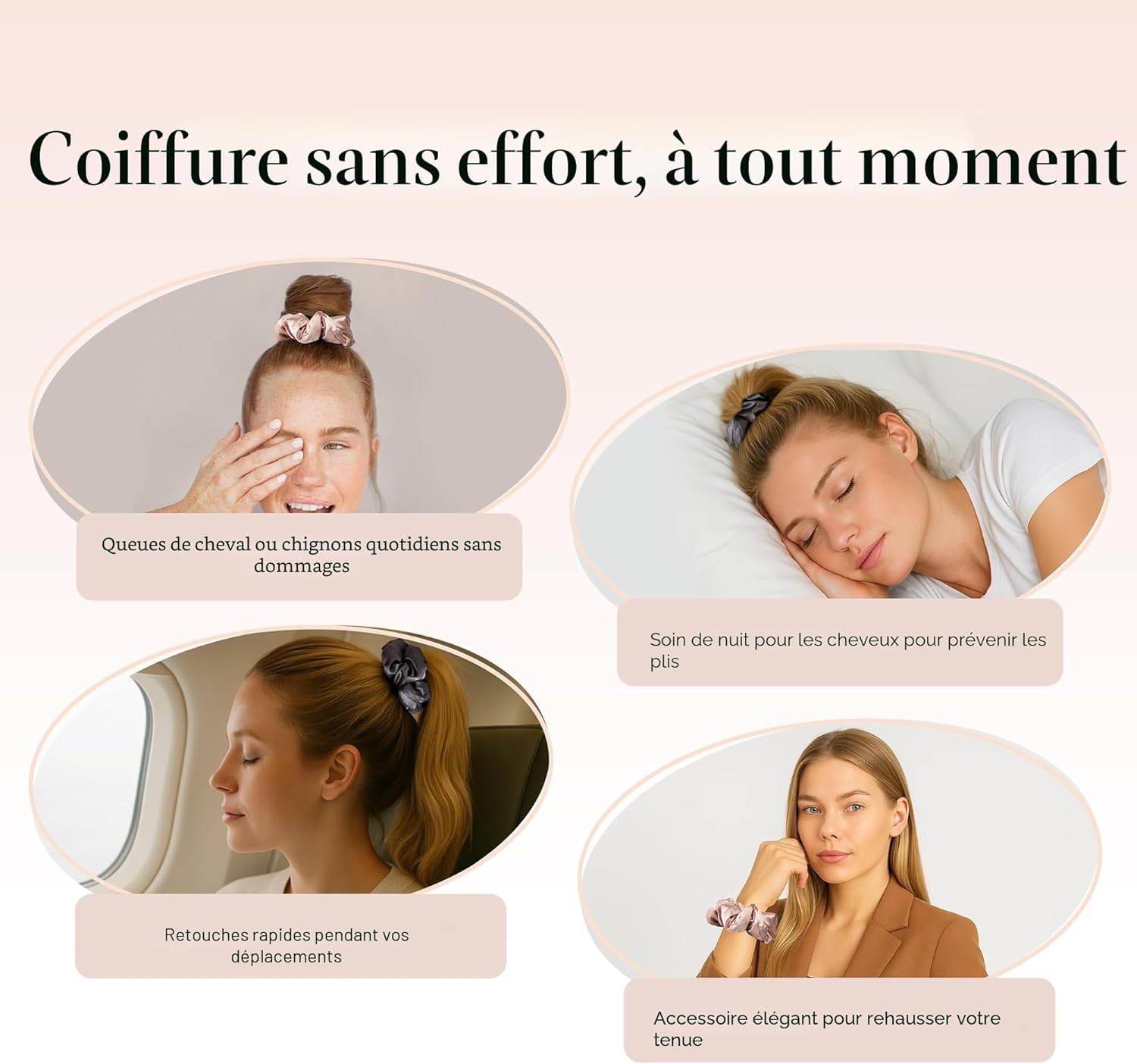Accessoires cheveux satin - 2pcs - anti-frisottis, casse, nuit, blush/gris