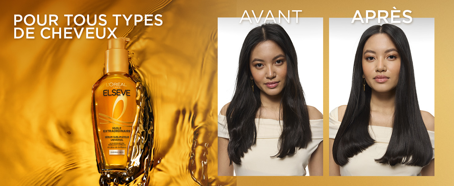 Le texte se lit comme suit : « POUR TOUS TYPES DE CHEVAUX ». Image promotionnelle de soins capillaires avec fond doré montrant les résultats avant et après le traitement capillaire.