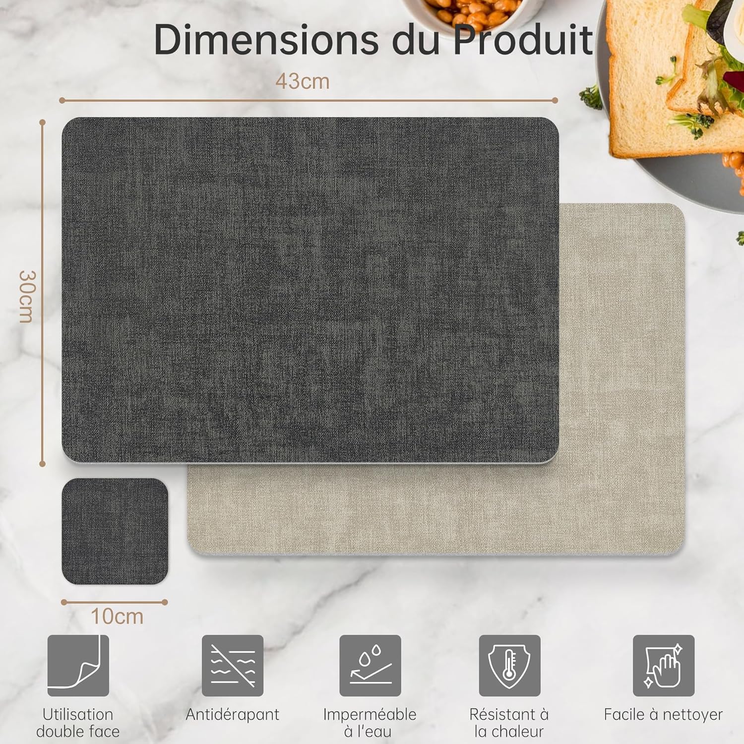 KitchenBoss - set de table double face - 43x30cm - lavable, lot de 6, beige/noir