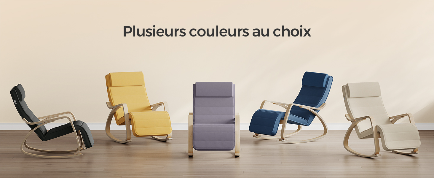 Cinq chaises inclinables modernes de différentes couleurs : jaune, violet, bleu marine et deux en bois clair. Le texte ci-dessus indique « Plusieurs couleurs au choix