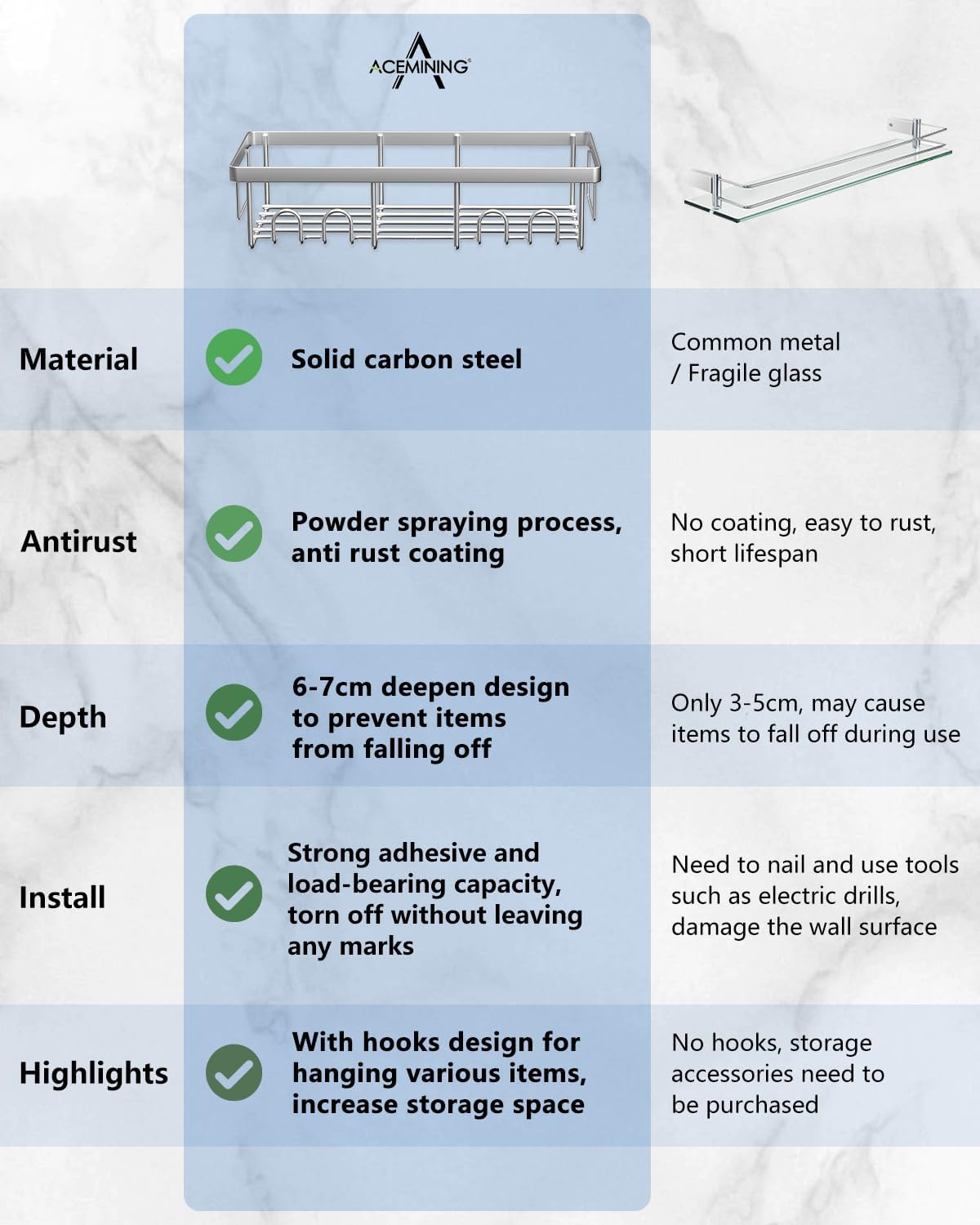 AceMining - 4 Pack salle de bain inox, étagère adhésive, sans perçage
