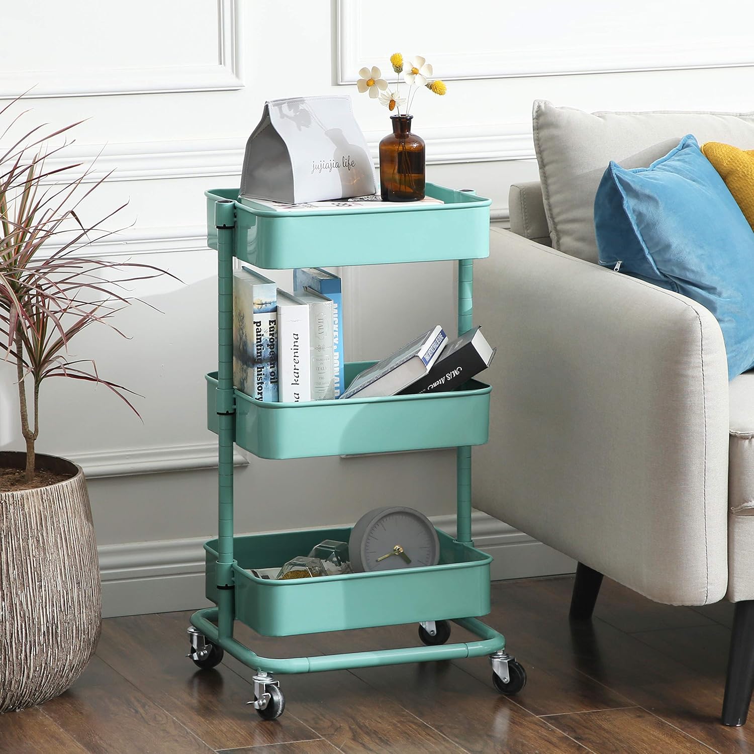 SONGMICS - Chariot 3 niveaux mobile, étagère réglable, 2 freins, montage facile, vert menthe - BSC60M