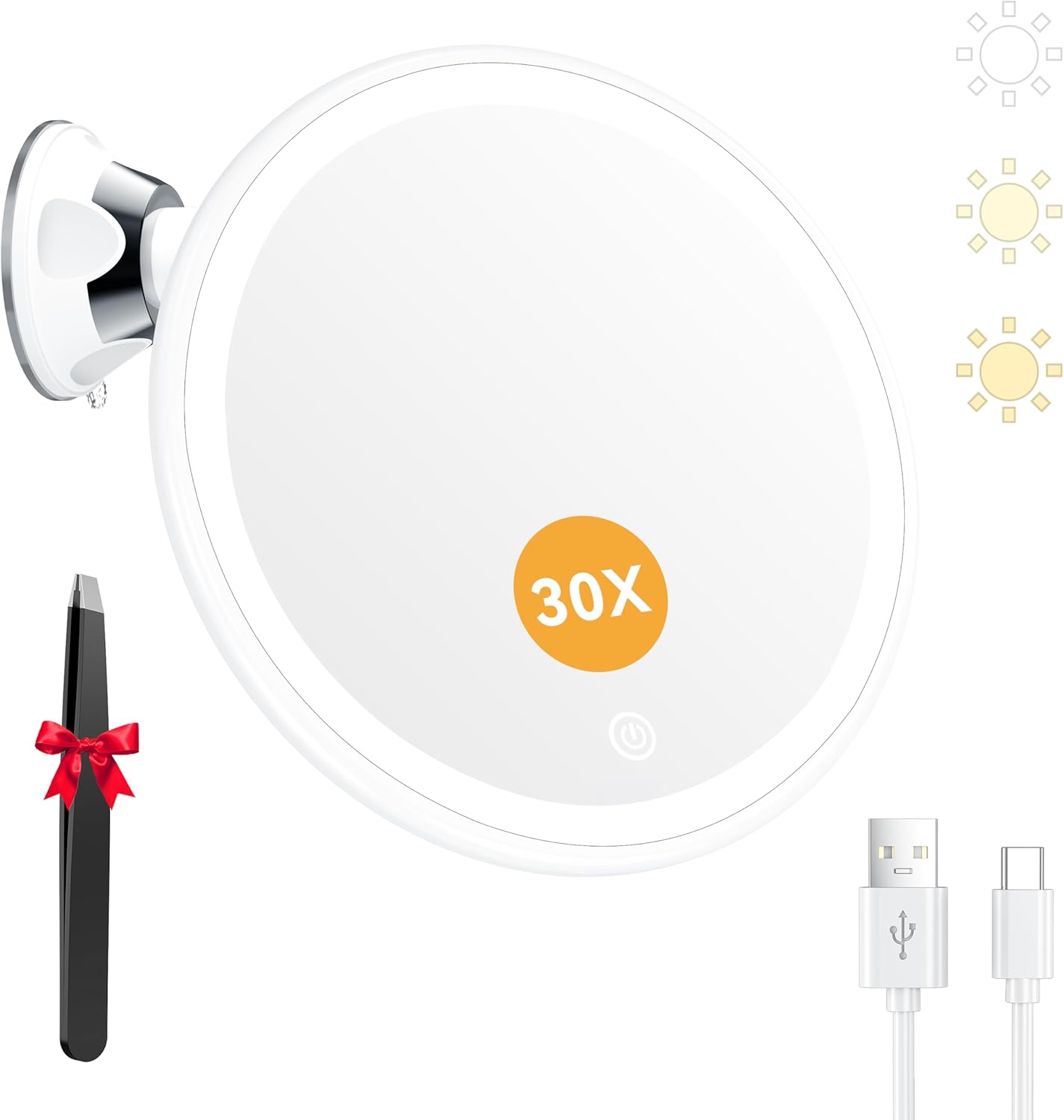 Auxmir - miroir grossissant série LED - 30x - rechargeable, 3 éclairages, ventouse 360°