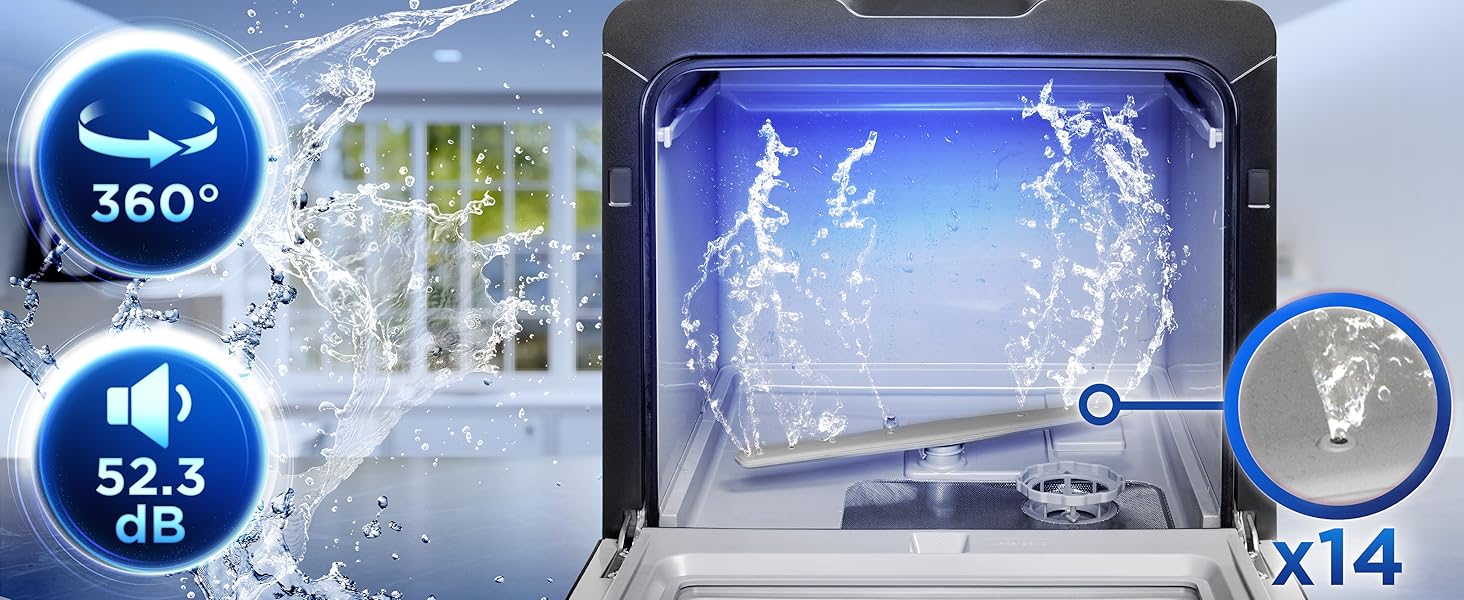 avec bras et jets d'eau. Comprend un nettoyage à 360 degrés, un niveau sonore de 52,3 dB et 14 cycles de lavage indiqués par des icônes et