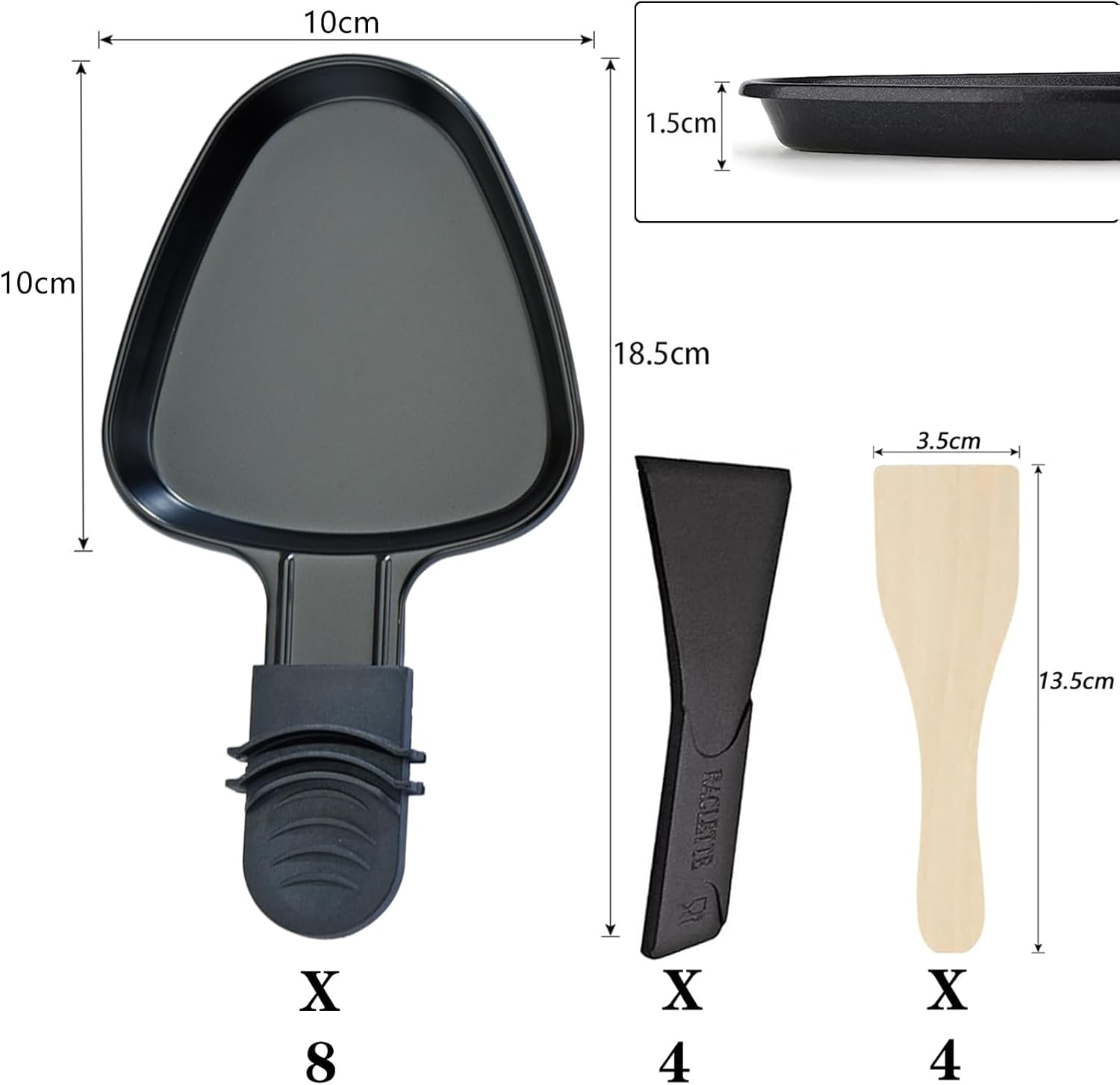 Poêlon à raclette triangulaire - 8 pièces, antiadhésif, avec spatules, coupelles, idéal fromage fondu, noir