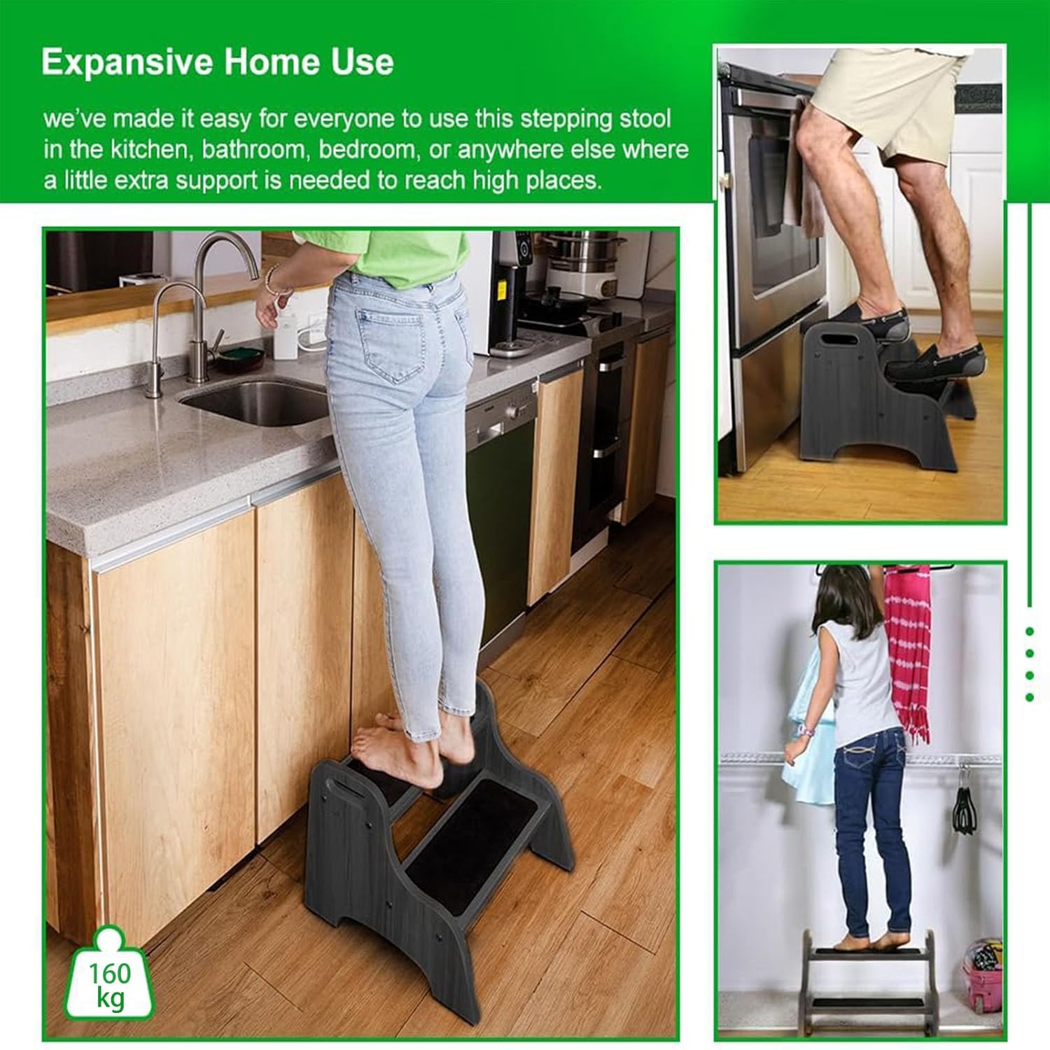 StrongTek - tabouret 2 marches bois - poignée portable, antidérapant, 180 kg, surface sécurisée - noir