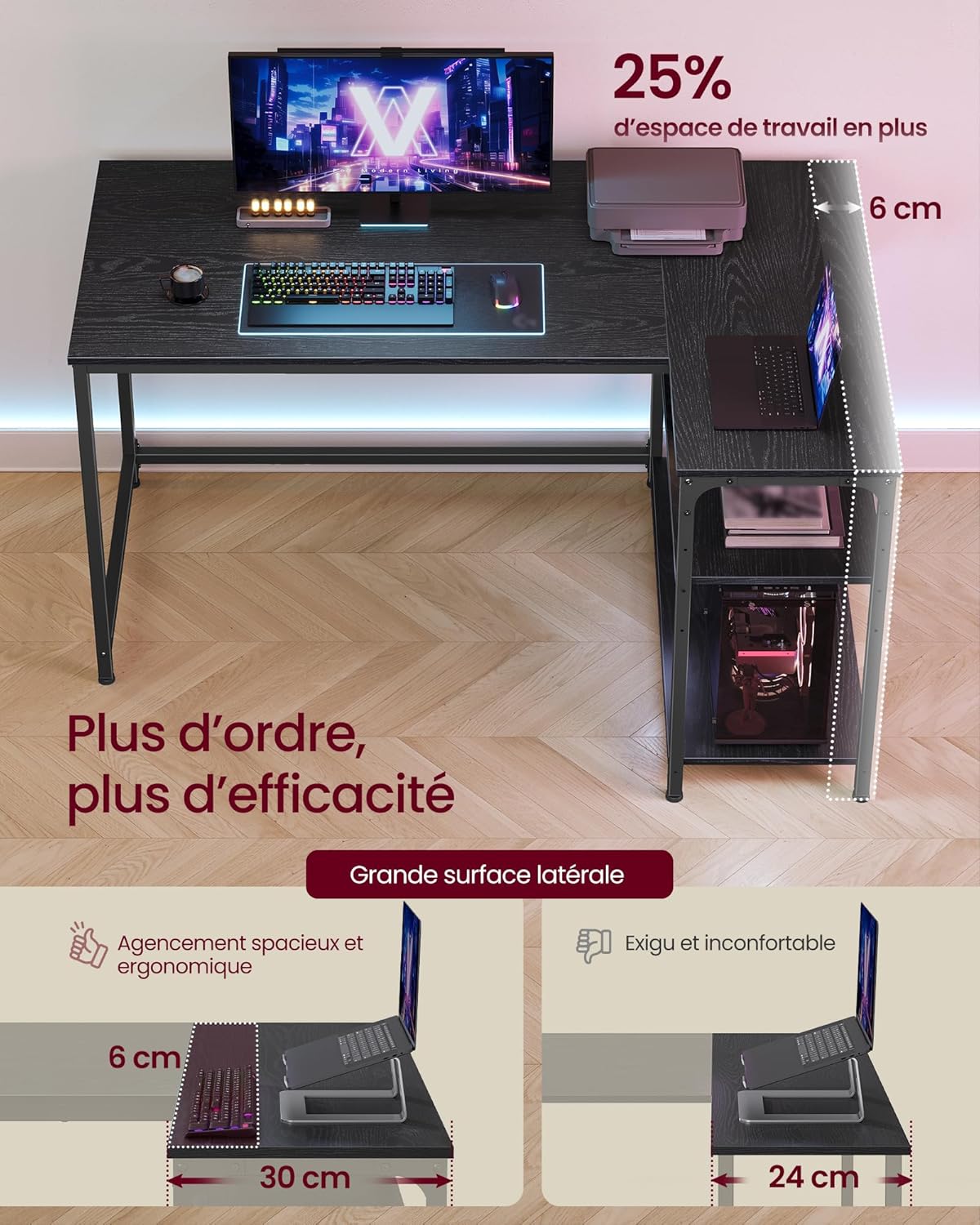 VASAGLE - bureau gaming en L - 120x80 cm - étagères réglables LWD136BE01