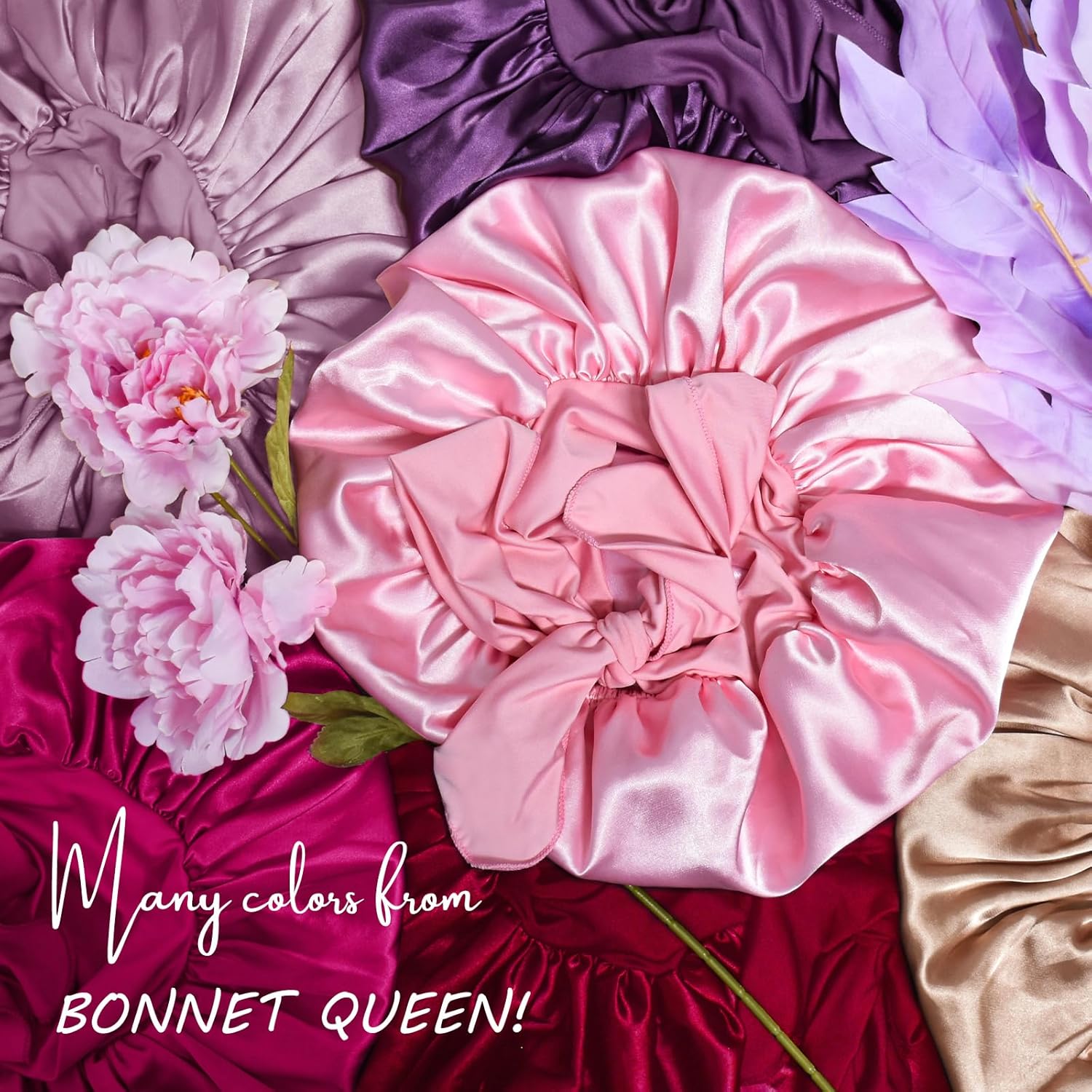 BONNET QUEEN - bonnet satin ajustable - grand - élastique long, champagne, pour cheveux bouclés