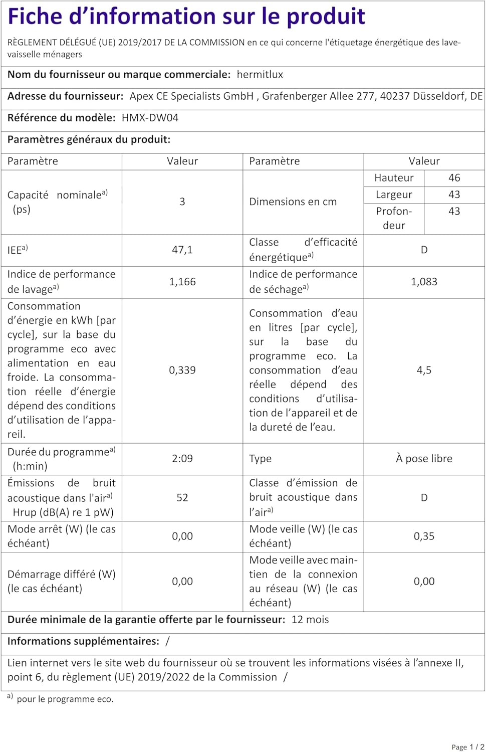 Hermitlux - Lave-vaisselle compact 5 couverts, 6 programmes, réservoir 5L, mode bébé 75°C