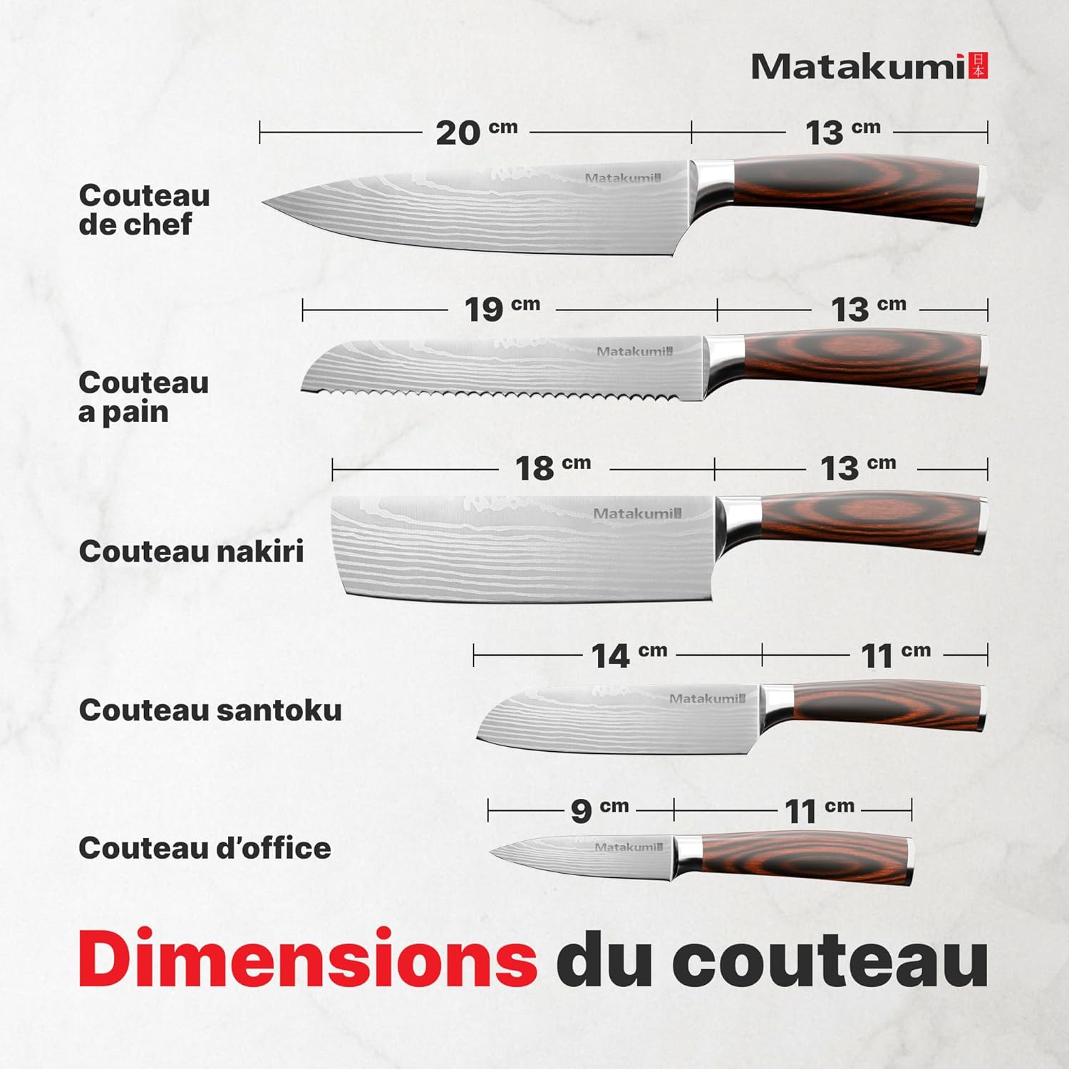 Matakumi - Set couteaux japonais damassé - 5 pièces - acier carbone, manche ergonomique