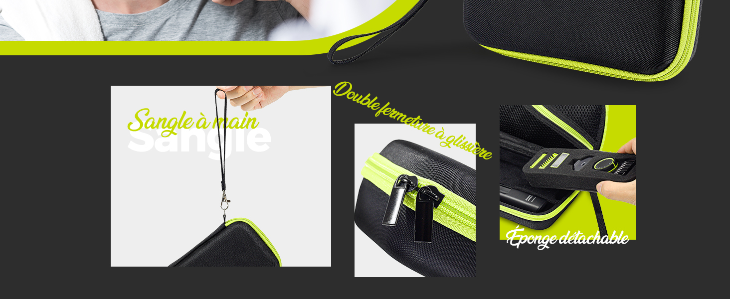 Sac de sport noir et jaune fluo avec plusieurs compartiments et fermetures éclair, présenté dans trois vues rapprochées différentes mettant en valeur ses caractéristiques