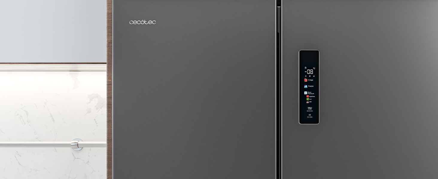 Le texte se lit comme suit : « Image 1 ». Série d'images montrant un réfrigérateur ou un congélateur en acier inoxydable avec poignées noires et panneau d'affichage numérique monté sur le dessus.