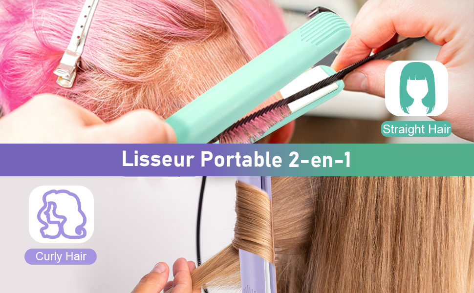 Le texte se lit comme suit : « Lisseur Portable 2-en-1 ». Les images montrent un appareil portatif vert menthe utilisé sur une surface en bois, avec des éléments graphiques roses et violets.
