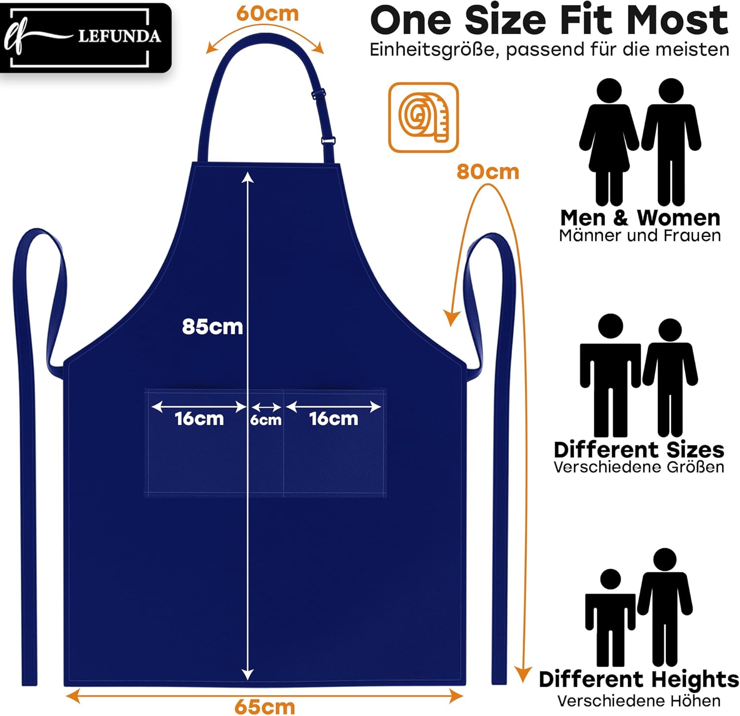 LEFUNDA - Tablier cuisine réglable, 3 poches, étanche, longues lanières