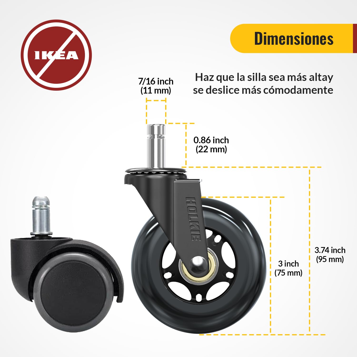 HOLKIE - roulettes chaise bureau - 11x22mm - caoutchouc, lot de 5, sols durs/tapis