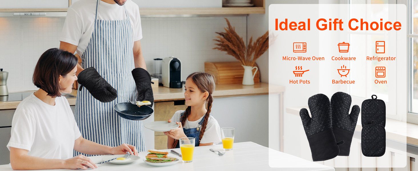 avec des personnes en train de cuisiner, montrant des gants de cuisine noirs résistants à la chaleur présentés comme un choix de cadeau idéal