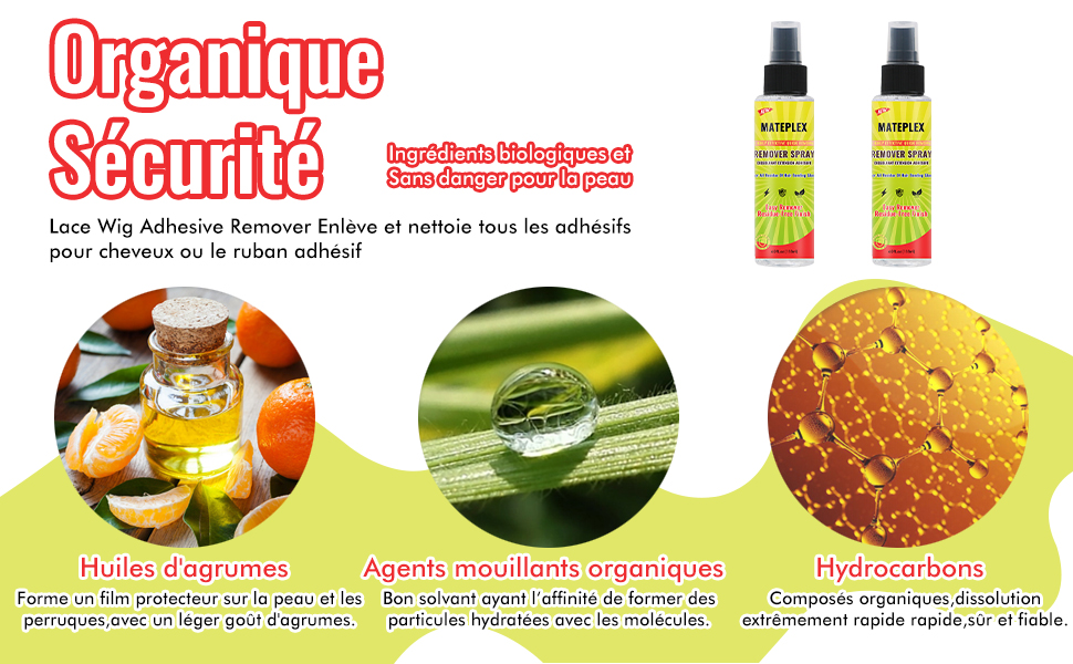 sur un produit de nettoyage biologique montrant trois images circulaires d'agrumes, de plantes et de gouttes d'huile avec un texte en français et des bouteilles de produit.
