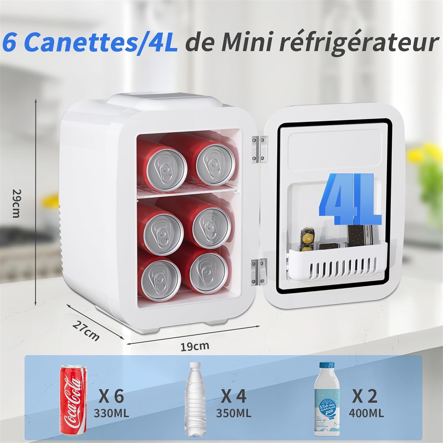 YASHE - Mini Frigo 4L - compact, 6 canettes, CA/CC, blanc
